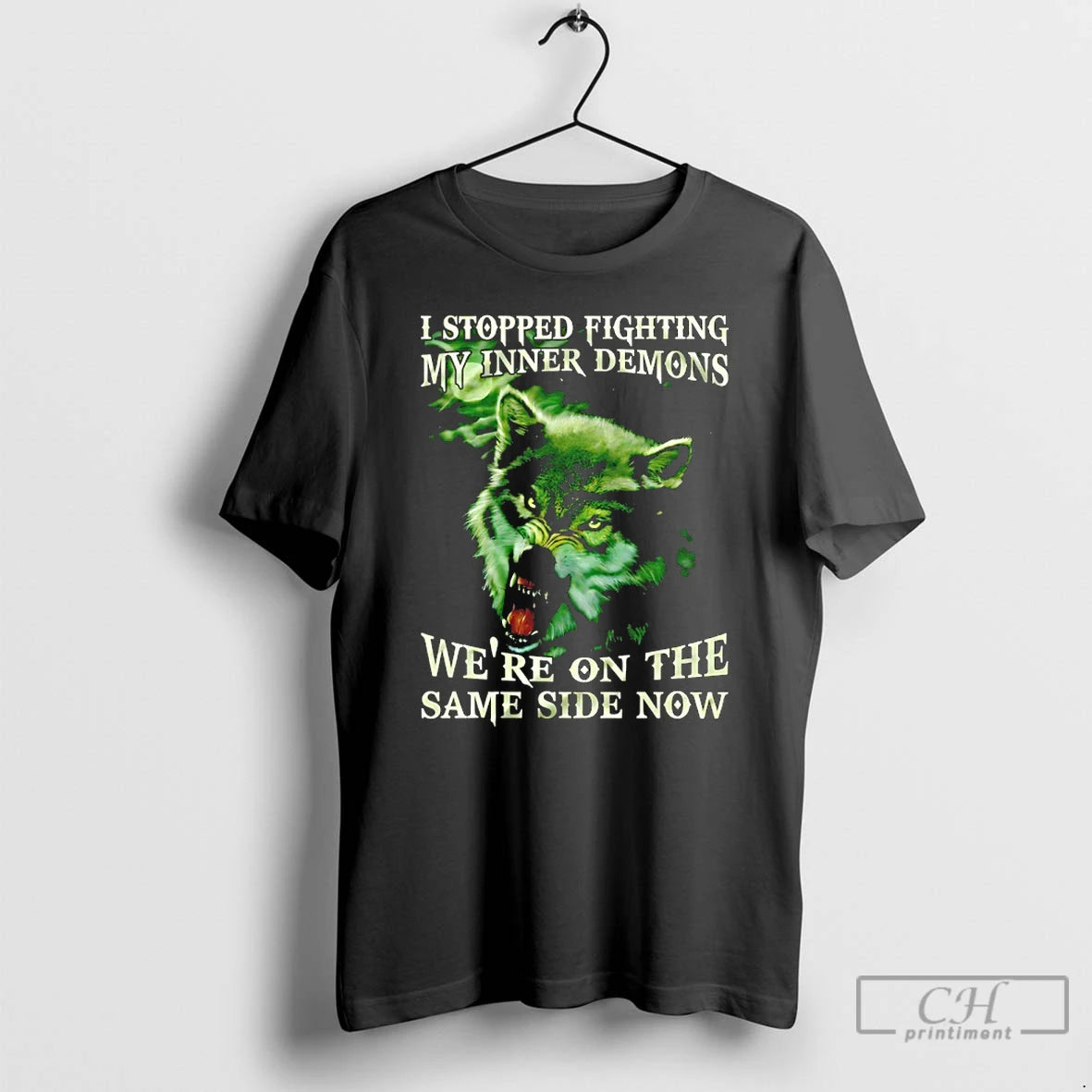 Premium Wolf I Stopped Fighting My Inner Demons Were On The Same Side Now T-Shirts, Hoodie, Sweatshirt | DripCrafttees.com