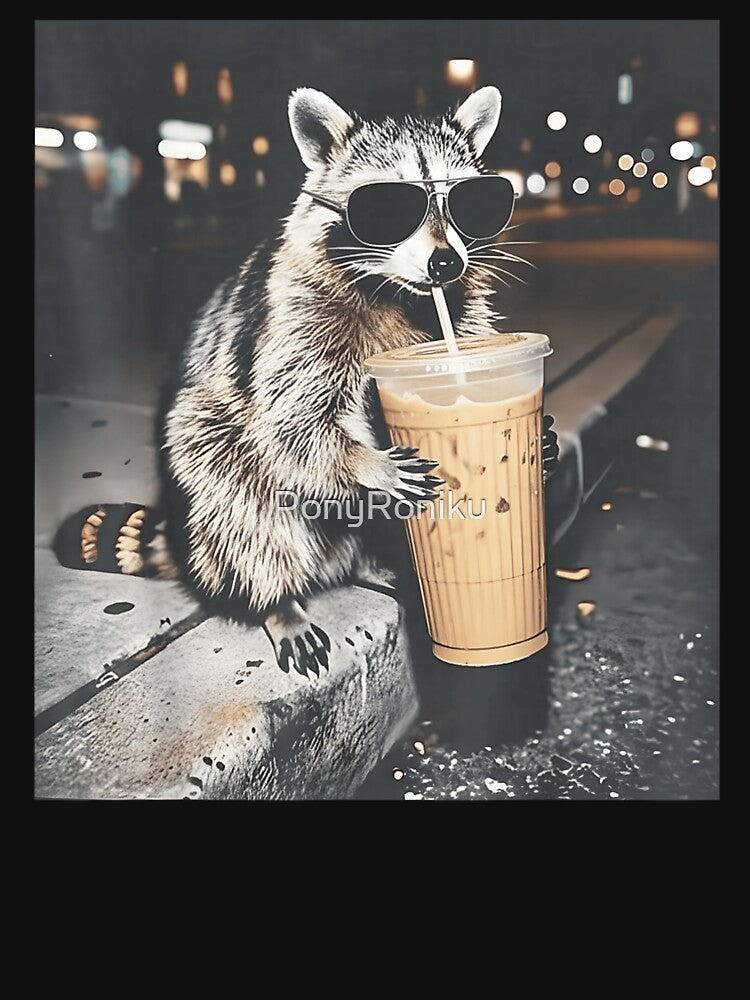 Cool Raccoon Drinking Iced Coffee Wearing Sunglasses Street Style Night Vibes by PonyRoniku